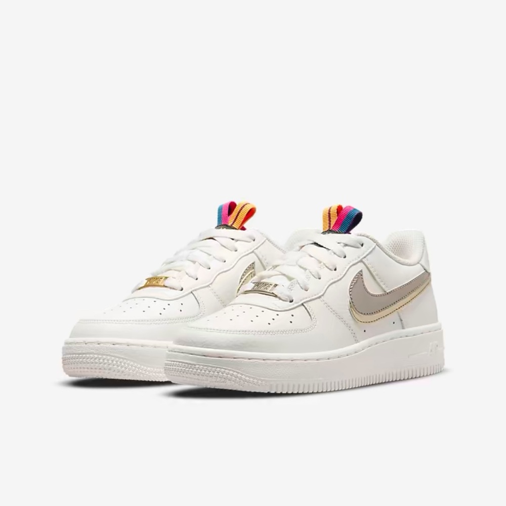 Nike Women's White Leather Sneakers with Gold Swoosh and Multicolor Tongue